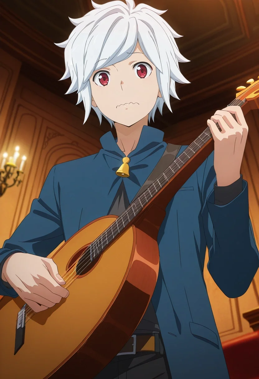 masterpiece, best quality, , anime screencap, anime coloring, , looking at viewer, 1boy, solo, male focus, <lora:bell_cranel_ilxl:0.94>, bell_cranel, white hair, red eyes, short hair, from below, disneyland, indoors, light, holding instrument, wavy mouth, closed mouth,