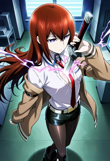 score_9, score_8_up, score_7_up, source_anime, makise kurisu, purple eyes, brown hair, long hair, between eyes, long sleeves, white shirt, open clothes, necktie, shiny, collared shirt, belt, off shoulder, shiny hair, black pantyhose, short shorts, black shorts, red necktie, brown jacket, ankle boots, perfect_anatomy, (lighting, magic), (indoors, steins gate laboratory, office),
((human scabbard, holding, holding weapon, holding sword, electricity, cleavage)),