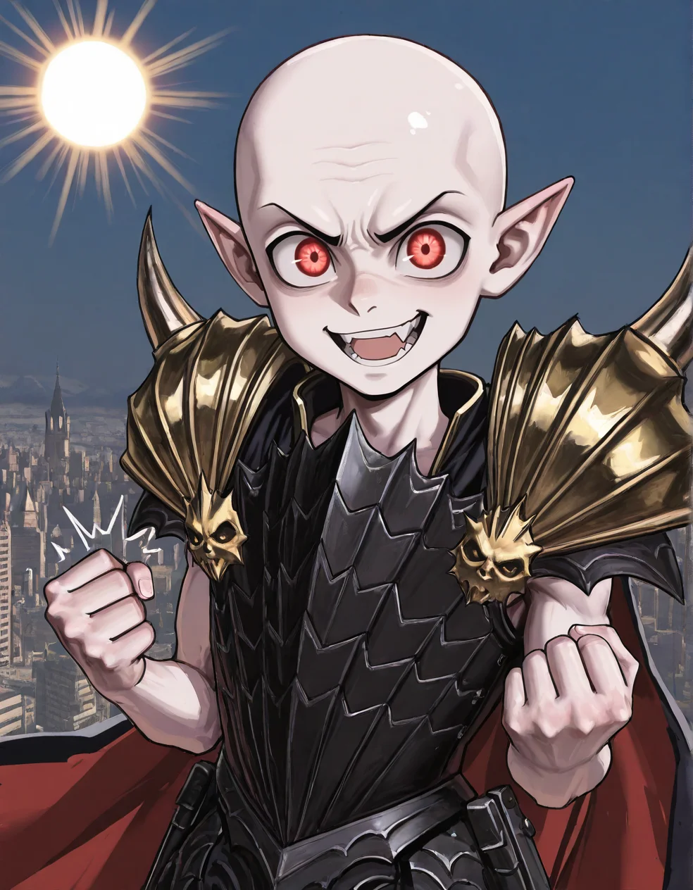 (2D,masterpiece,best quality,amazing quality,very aesthetic,high resolution,looking at viewer,ultra-detailed,1 boy,solo,source_anime,cute,lovely,sun, sunlight,city,azure sky),Mannfred von Carstein,vampire,bare arms,black armor,gold shoulder armor,cape,shine bald,pale skin,glowing red eyes,short_pointy_ears,spike,fang,fist_bump,open mouth,smile,<lora:Mannfred_von_Carstein:1>, <lora:ValbunStyle-IL:0.4>