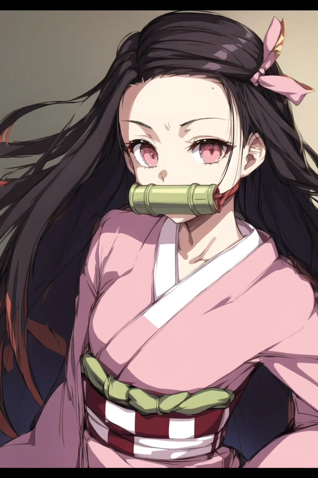 <lora:Nezuv1:0.6>, 1girl, bamboo, bit gag, black hair, checkered, checkered obi, collarbone, forehead, gag, gagged, gradient hair, hair ribbon, haori, japanese clothes, kamado nezuko, kimono, long hair, looking at viewer, mouth hold, multicolored hair, obi, open clothes, pink eyes, pink kimono, pink ribbon, red hair, ribbon, sash, solo, very long hair