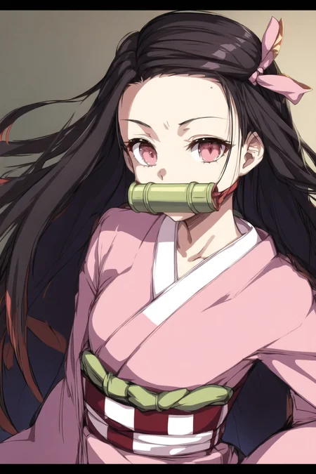 <lora:Nezuv1:0.6>, 1girl, bamboo, bit gag, black hair, checkered, checkered obi, collarbone, forehead, gag, gagged, gradient hair, hair ribbon, haori, japanese clothes, kamado nezuko, kimono, long hair, looking at viewer, mouth hold, multicolored hair, obi, open clothes, pink eyes, pink kimono, pink ribbon, red hair, ribbon, sash, solo, very long hair