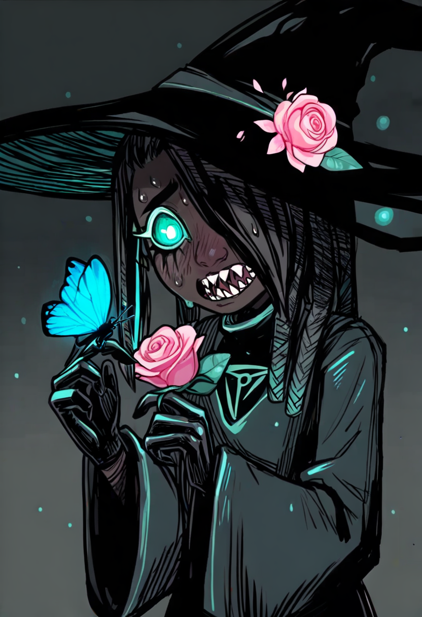 1girl,leandra \(bumblesteak\),original,black hair,blue butterfly,blush,bug,butterfly,dark-skinned female,dark skin,dreadlocks,flower,green eyes,grey background,hat,long hair,looking at viewer,multicolored hair,necromancer,nervous sweating,nose,open mouth,skeleton,streaked hair,sweat,witch,witch hat,green hair,black headwear,turtleneck,solo,gloves,light particles,glowing eye,teeth,wide sleeves,colored eyelashes,black background,butterfly on hand,two-tone background,eyelashes,glowing,simple background,hair over one eye,pink flower,sharp teeth,long sleeves,rose,two-tone hair,dress,upper body <lora:odysseasXL_NBVP1_lokr_V6311PZ:0.95>