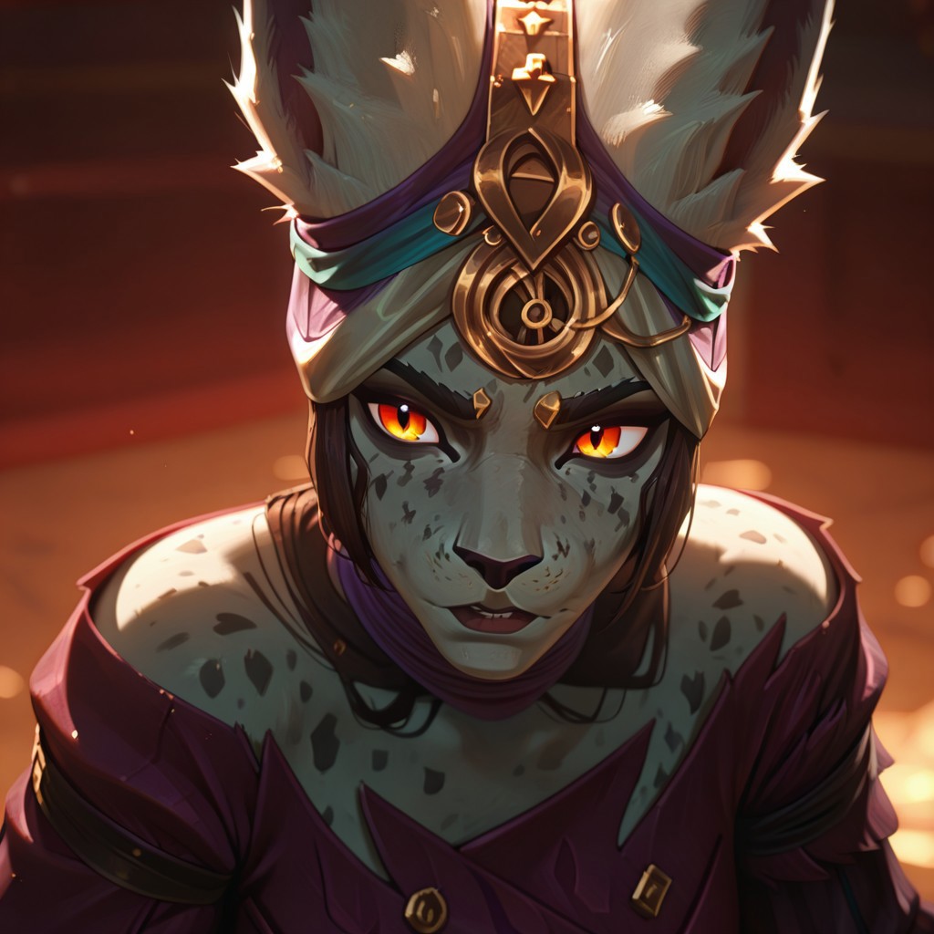 masterpiece, best quality, newest, absurdres, highres, arcane, arcane style, 1girl, LeastArcaneVastayaoutfit1, animal ears, furry female, long ears, grey skin, orange eyes, colored skin ears through headwear,