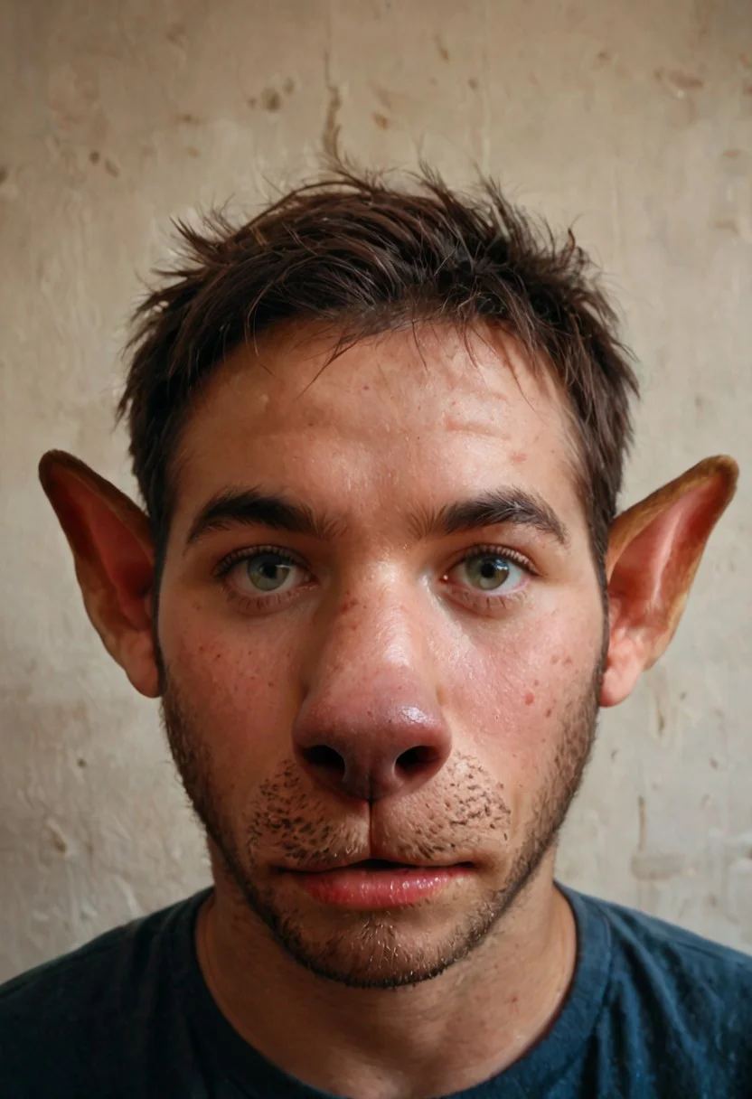 Score_9, score_8_up, score_7_up, transformation, draysonite, dog transformation, demi, face focus, nose, big nose, snout, snout focus, anthro dog, dog face, pointed ears, (((no human ears)))