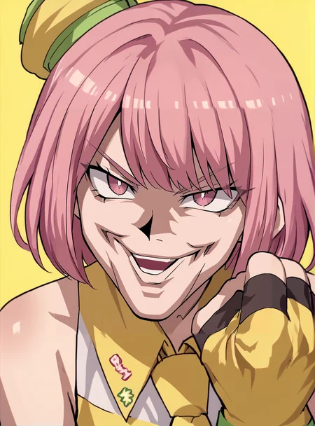 score_9, score_8_up, score_7_up, score_6_up,source_anime , intricate details, detailed face anime coloring, anime_lineart anime screencap, , <lora:Poppy:0.8>poppy, 1girl, pink hair, solo, gloves, fingerless gloves, short hair, pink eyes, hat, necktie , <lora:Concept_Meme_Joey_Wheelers_Creepy_Chin_A:0.8>Joey_Chin_A, Hand up, LOOKING AT VIEWER, CLENCHED HAND, PORTRAIT, smile, open mouth