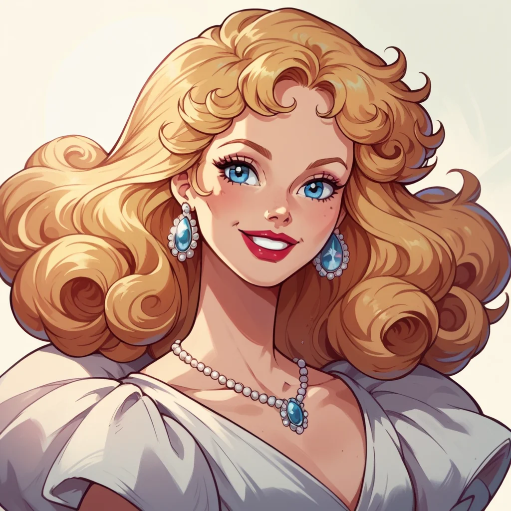 score_9, score_8_up, score_7_up, score_6_up, score_5_up, score_4_up, hud_millirob, 1girl, blonde curly hair, blue eyes, solo, dress, jewelry, retro artstyle, lipstick, smile, <lora:hud_millirob:0.8>