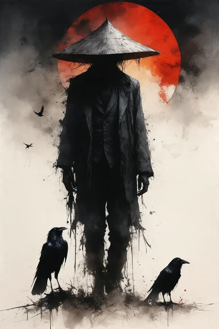 Japanese pangu as scarecrow and a crow, dark, gloomy, moody, horror,intense, splash paint art background, dynamic composition, by james jean, robert hagan,Robert Campin, Yoji Shinkawa, Akira Toriyama, UHD, Ultra detail, ultra realistic, ultra smooth, intricate masterpiece, volumetric cinematic light perfect, simple line art, very minimalistic, minimalist illustration, watercolor, uhd, ultra detailed, ultra smooth, dramatic, moody, dark, best quality, cinematic movie poster,full body, masterpiece, by Arthur rackham, .M. Barrie,sacrifices, serenity, pixie dust, atmospheric, faerie., (concept art illustration), (Wassily Kandinsky), (wabi-sabi:1.4), highly detailed, minimalist style, subtle brushwork,shabby chic,,fine art,epic, Giovanni Boldini, William Blake, (Elsa Beskow:1.2), (Léon Bakst:1.3), haute-couture, insane details,ArsMJStyle
