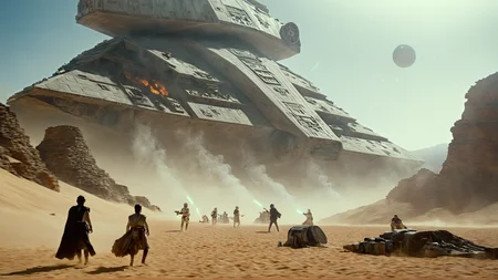 cinematic film still of <lora:star wars style:0.2>
<lora:detailed:0.4> detailed
<lora:perfection style:0.4> perfect
<lora:PerfectEyesXL:0.5>
<lora:Chiaroscuro Lighting Style:0.3>
<lora:Jakku:0.9>
Jakku a futuristic sci - fio scene with a huge mountain in the background,in star wars style,outdoors,sky,no humans,fire,building,scenery,smoke,science fiction,explosion,ruins,desert, shallow depth of field, vignette, highly detailed, high budget, bokeh, cinemascope, moody, epic, gorgeous, film grain, grainy