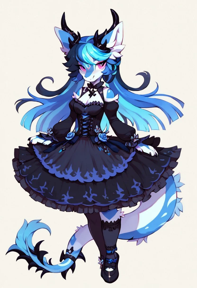 8k, score_9, score_8, score_7, hybrid blue_wolf dragon, with lovely two-tone hair on her head, her hair goes down to her middle back, fur with markings, as well as beautiful eyes, solo focus, fantasy girl, wearing gothic skirt, legwear, scenic mansion background