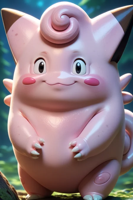 score_9, score_8_up, score_7_up, score_6_up, score_5_up, score_4_up, BREAK clefairy, pokemon \(creature\),cute,kawaii, pink skin,wide shot, black eyes, curled tail, mini wings, claws, smile, closed mouth,blush stickers, forest, night,looking at viewer,3d <lora:ClefairyPony:1>
