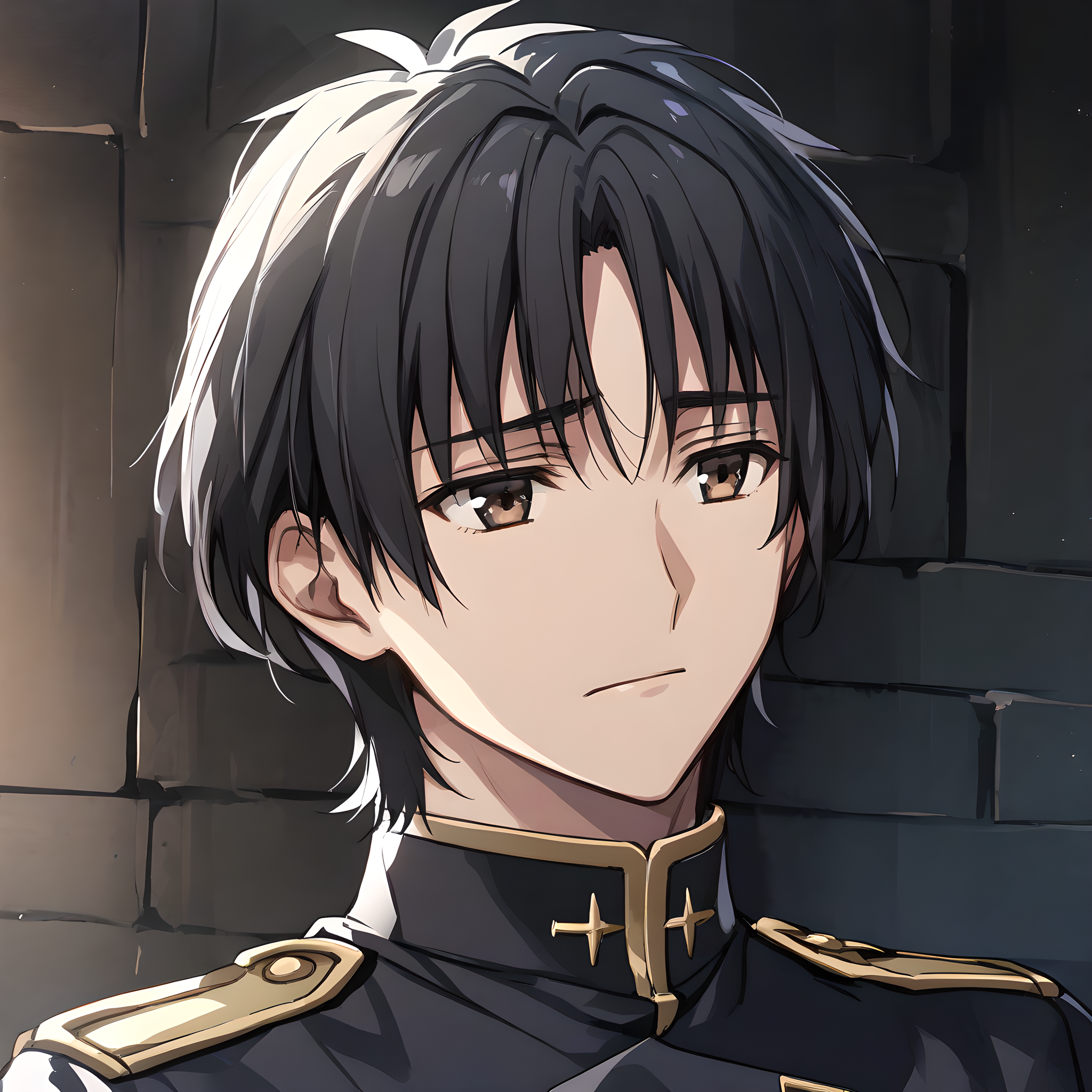 willem_kmetsch, 1boy, solo, short hair, black hair, brown eyes, military uniform, black uniform, sad look, portrait, close-up, dark alley,  <lora:XL-WillemKmetsch:1>
