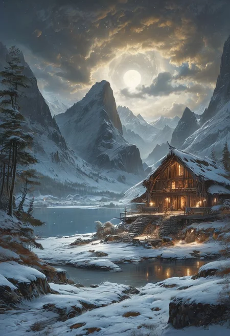 A captivating night scene illustration featuring a one floor WOODEN viking long house standing tall on a large snowy hill overlooking a lake. The beautiful viking longhouse adorned with some windows, emits a warm glow, highlighting its incredible craftsmanship. The snowy  hill is covered in great pine trees, reflecting on the calm, moonlit snow  that mirrors the silvery moonlight. The full moon graces the sky, casting an ethereal glow on the clouds and mountain, while wispy clouds partially obscure its brilliance, adding to the scene's mystique. Twinkling stars dot the sky, creating a celestial tapestry that harmonizes with the moon's radiance. This enchanting artwork captures a serene and peaceful night, where the illuminated WOODEN viking longhouse stands resolute amidst the celestial beauty, creating a cinematic experience., illustration, cinematic
<lora:DonM3t3rn1tyXL-v1.1:0.7>, DonM3t3rn1tyXL,
OverallDetailXL  <lora:MJ52:0.3>  <lora:SDXLFaeTastic2400:0.4>  <lora:EpicF4nta5yXL:0.7>