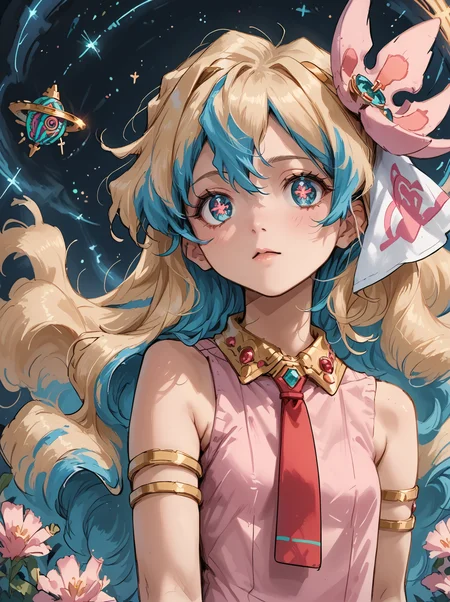 score_9,score_8_up,score_7_up,source_anime,(bust:1.2),illustration,<lora:Nia_Teppelin:1>,nia teppelin,blue eyes,cross-shaped pupils,multicolored hair,two-tone hair,long hair,hair flower,|| pink dress,sleeveless,red necktie,armlet,pink skirt,bracelet,<lora:Sketch Illustration Style [LoRA] - Pony V6 XL:0.7>,sketch,<lora:NebulaNoir:0.6>,multicolored,glowing,space,(pose:1.1),(hand position adjustment:0.8),