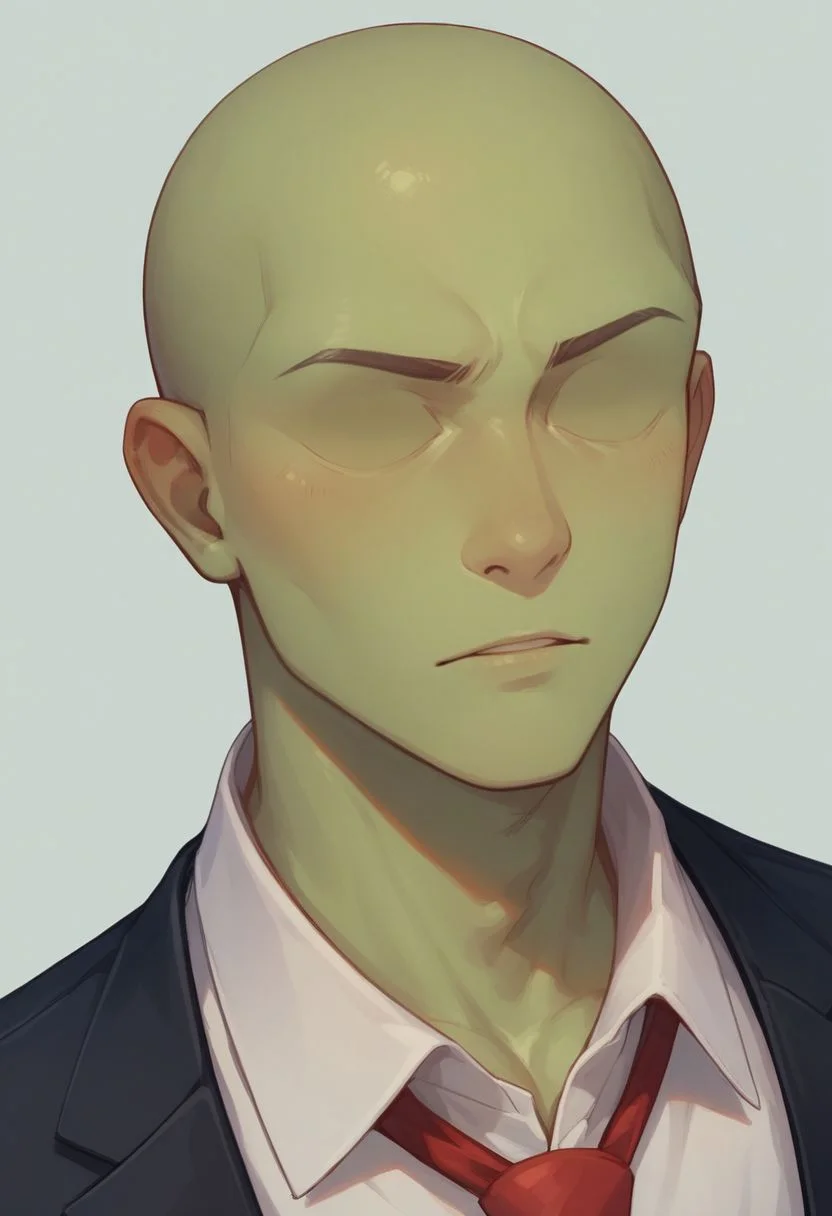 score_9, score_8_up, score_8,
1boy, solo, green skin, no eyes, no eyebrows, bald, black business suit, white under shirt, red tie, black suit pants, average body, close up, portrait shot,