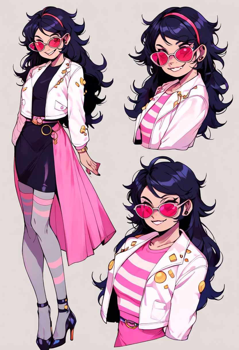 zPDXL, zPDXLxxx, score_9, score_8_up, score_7_up, score_6_up, BREAK CharacterDesignXL, reference sheet, (full body, from side, front:1.1), upper body, cartoon, homestuck, solo, simple background, transparent background, full body, standing, messy blonde hair, long hair, sunglasses, smile, leather jacket, crop jacket, white jacket, black dress, pink dress, pencil skirt, pink stripes on dress, belt, grey stockings, high heels,
