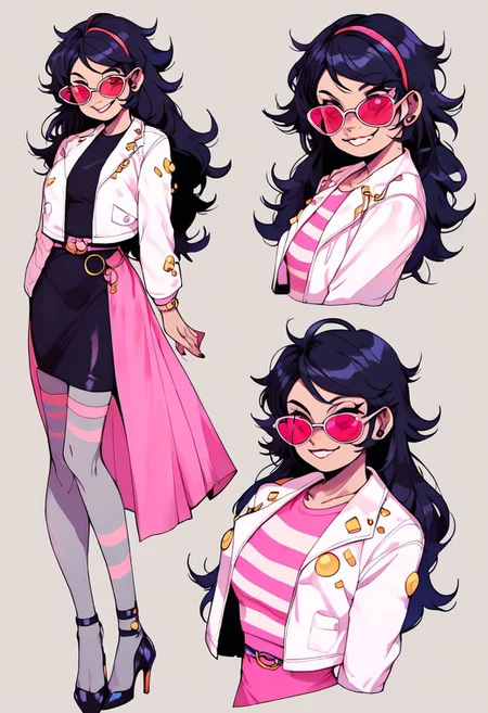 zPDXL, zPDXLxxx, score_9, score_8_up, score_7_up, score_6_up, BREAK CharacterDesignXL, reference sheet, (full body, from side, front:1.1), upper body, cartoon, homestuck, solo, simple background, transparent background, full body, standing, messy blonde hair, long hair, sunglasses, smile, leather jacket, crop jacket, white jacket, black dress, pink dress, pencil skirt, pink stripes on dress, belt, grey stockings, high heels,