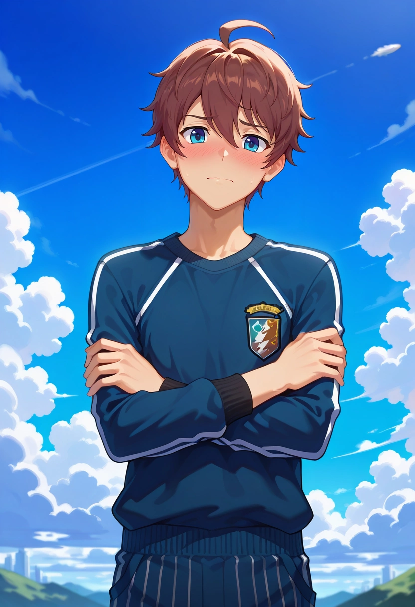 masterpiece, best quality, intricate details, , looking at viewer, , 1boy, solo, male focus, <lora:seto_aihara_ilxl:0.96>, seto_aihara, brown hair, blue eyes, short hair, ahoge, , asymmetrical, spaceship, day, clouds, crossed arms, shy, blush, Pinstripe Jumpsuit, Varsity sweatshirt, Chelseas, , and