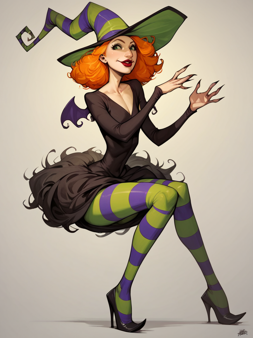score_9, score_8_up, score_7_up, score_6_up, score_5_up,   <lora:scarygodmotherXLP:0.8> scary godmother, 1girl, witch hat, solo, orange hair, striped pantyhose, lipstick, witch, dress, high heels, green eyes