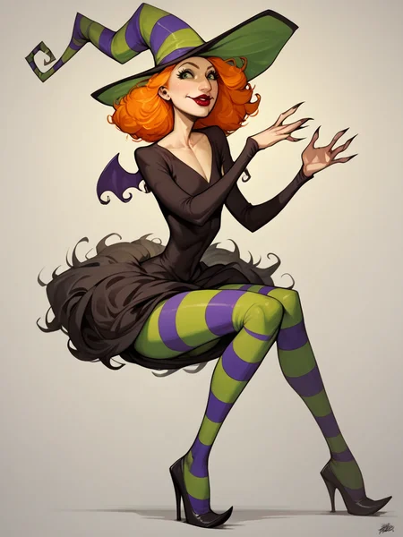 score_9, score_8_up, score_7_up, score_6_up, score_5_up, <lora:scarygodmotherXLP:0.8> scary godmother, 1girl, witch hat, solo, orange hair, striped pantyhose, lipstick, witch, dress, high heels, green eyes