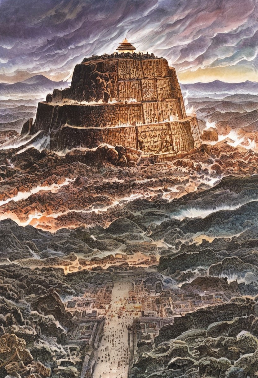 I look at the cell phone screen,  by Serpieri, 
 illustration, a massive stone altar (olmec style) at the summit of a mountain, 3 flaming swords floating above it, small stone shrines with purple lights inside to the sides, looking out over a distant mountain range shrouded by mist, Mammatus Clouds in the skies abov, very detailed: 1.5