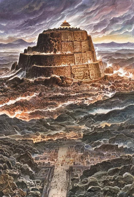 I look at the cell phone screen,  by Serpieri, 
 illustration, a massive stone altar (olmec style) at the summit of a mountain, 3 flaming swords floating above it, small stone shrines with purple lights inside to the sides, looking out over a distant mountain range shrouded by mist, Mammatus Clouds in the skies abov, very detailed: 1.5