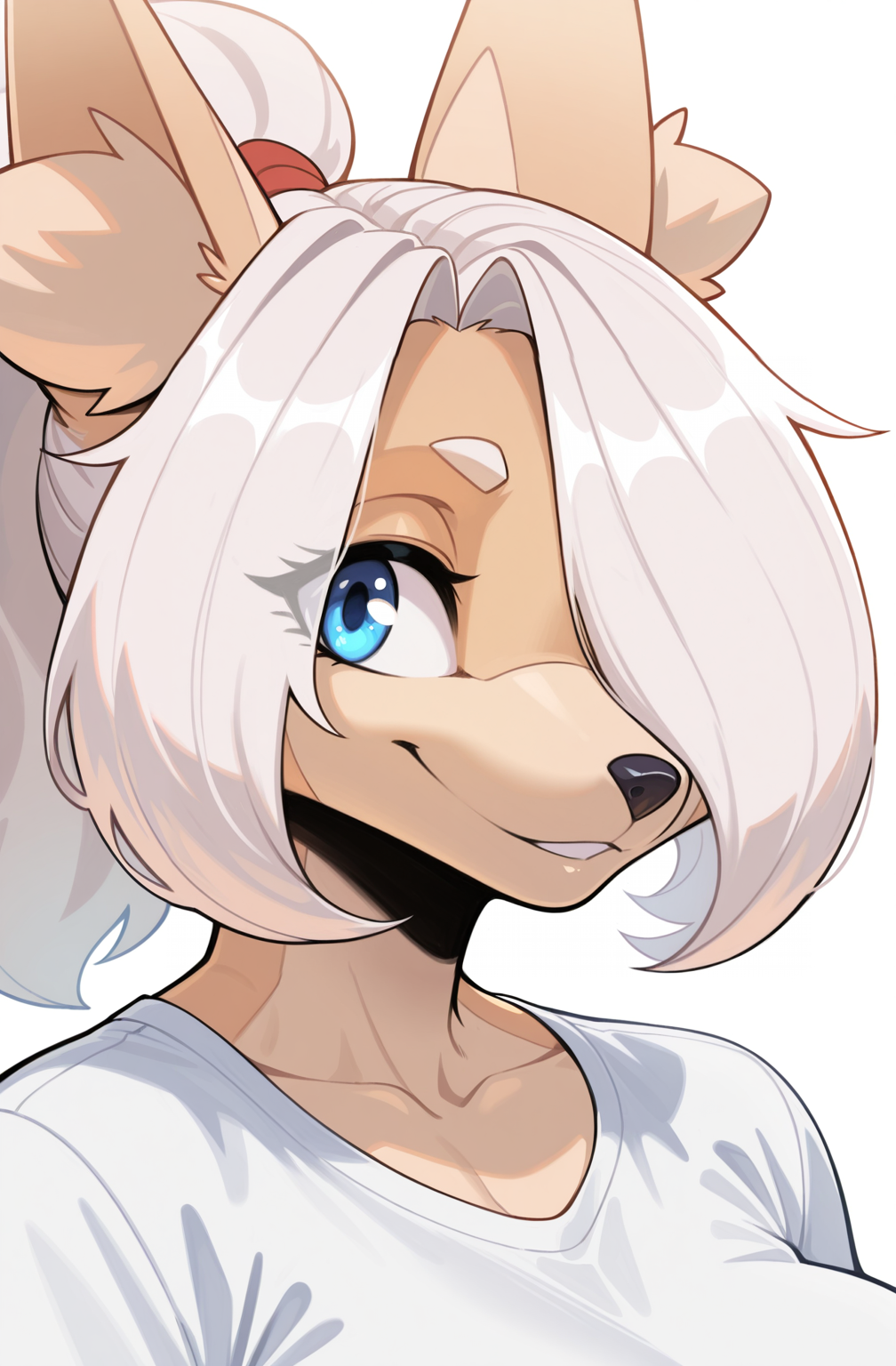 1girl, moughta, furry female, hair over eye, white hair, blue eyes, portrait, smiling, looking at viewer, upper body, shirt
