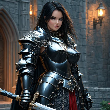 embedding:urn:air:sd1:embedding:civitai:222256@250708, nsfw, erotic realistic full body Picture of (sexy 36 years old female Knight with a sword), perfect figure, intricate detailed body, sexy smiling, perfect face, perfect eyes, perfect teeth, perfect body, long straight black hair, big natural breasts, breasts veins, stiff hard nipples, rose tattoos, lot of tattoos, (action Pose:1.9), (((wearing revealing black steel armor, choker))), perfect thighs, ((cleavage)), atmospheric lighting, cinematic composition, detailed, natural light, 4K, high-detail, ((perfect eyes)), (detailed black pupils), epic, accessoires, 8k , Yard of a old Castle background, deep Dark night, cinematic, highly detailed, breath taking, cinematic, detailed, natural light, 4K, high-detail, sharp focus:1.1, vibrant colors:1.3