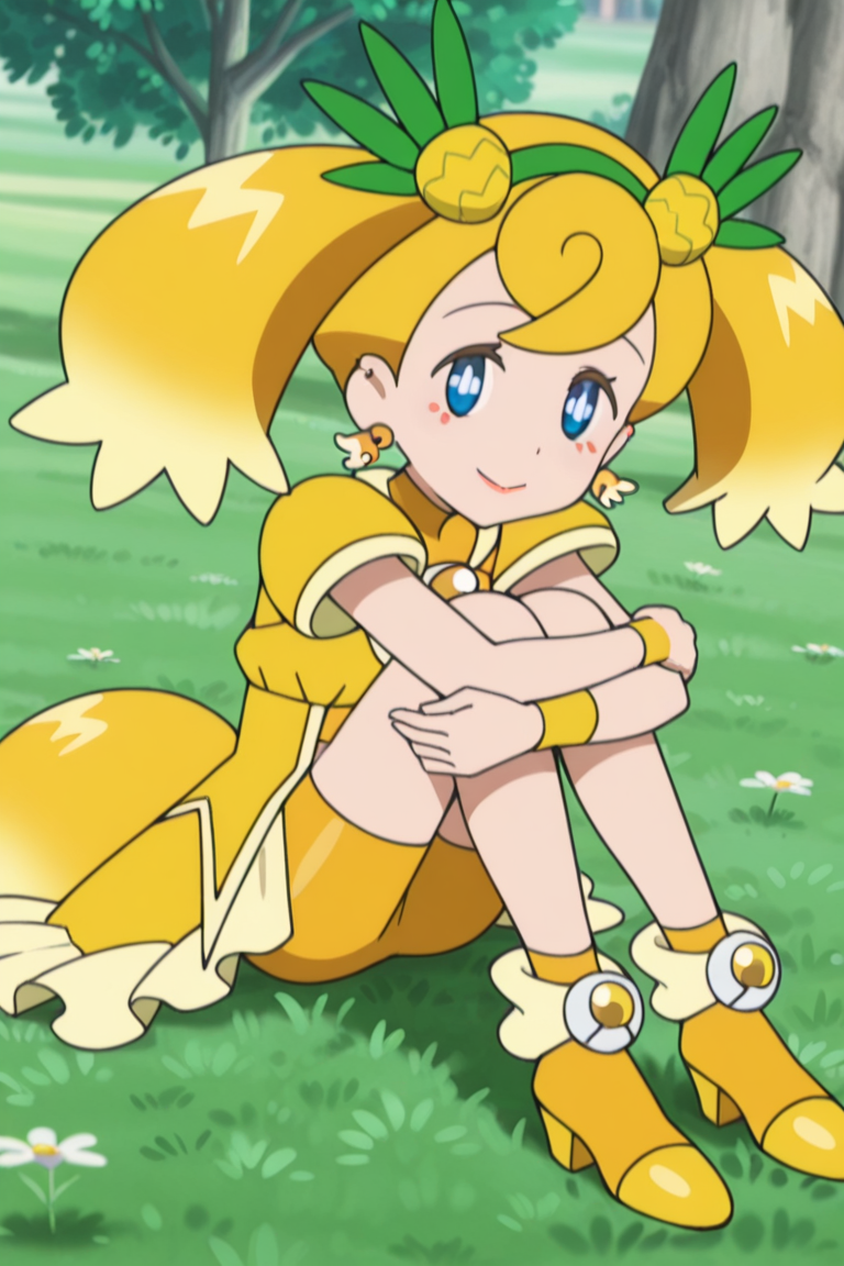 1girl,outdoors, looking at viewer, smile, sitting, on grass, hugging own legs, 
 <lora:lana_scho_magi_1:1> mag3ca gir7l,
la7na mag3cal,blue eyes,yellow hair,two ponytails,green headband with pineapples,yellow wings earrings,makeup,yellow dress,yellow wristbandsmidriff, yellow short pants,yellow tail,yellow socks,yellow heels,, masterpiece, high quality, absurdres, best quality, very aesthetic, newest,