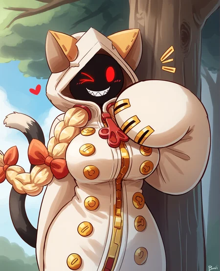 score_9, score_8_up, score_7_up, score_6_up, score_5_up, score_4_up, source_anime, lpugkd, bnp, pbi taokaka, animal humanoid, cat humanoid, felid, felid humanoid, feline, feline humanoid, humanoid, kaka \(blazblue\), mammal, mammal humanoid, accessory, big breasts, black body, black fur, black skin, blonde hair, bow \(feature\), bow accessory, bow ribbon, braided hair, breasts, clothed, clothing, empty eyes, fangs, female, fur, furgonomics, hair, hair accessory, hair bow, hair ribbon, heart symbol, hood, hoodie, leaf, long hair, looking at viewer, nipple analogue, one eye closed, plant, red eyes, ribbons, shadow face, sharp teeth, smile, solo, standing, teeth, topwear, tree, white body, white fur, wink, zipper, (simple face:1.2),
<lora:taokaka_pdxl:1>