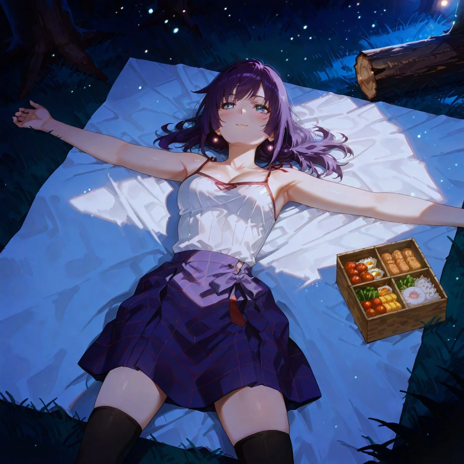 safe_pos, masterpiece,best quality,amazing quality,very aesthetic,absurdres,ultra detailed face,solo,(by morikura en:0.8), (by rappa (rappaya):0.5), senjougahara hitagi, purple hair,blue eyes, mature woman, suzukasuraimu, 3d, huge filesize, scenery,
subtle details, lens flare, highly detailed skin,blush, beautiful light, detailed background, lying on back, lying on blanket, white camisole, sleeveless, cleavage:0.8, shiny skin, lying on picnic blanket, relaxed pose, picnic blanket with plaid pattern, armpits, light particles, alluring, grass, purple skirt, night, looking at sky, from above, dark, fascinated,thigh highs, leggings, skirt, blush,outdoors, crease, forest, 1 bento box,detailed background, cute, spread arms, legs apart, crease, log, wood, moonlight, volumetric lighting, tranquil smile, nightly, serene atmosphere, wide shot, cowboy shot, tall female,chiaroscuro, depth of field,