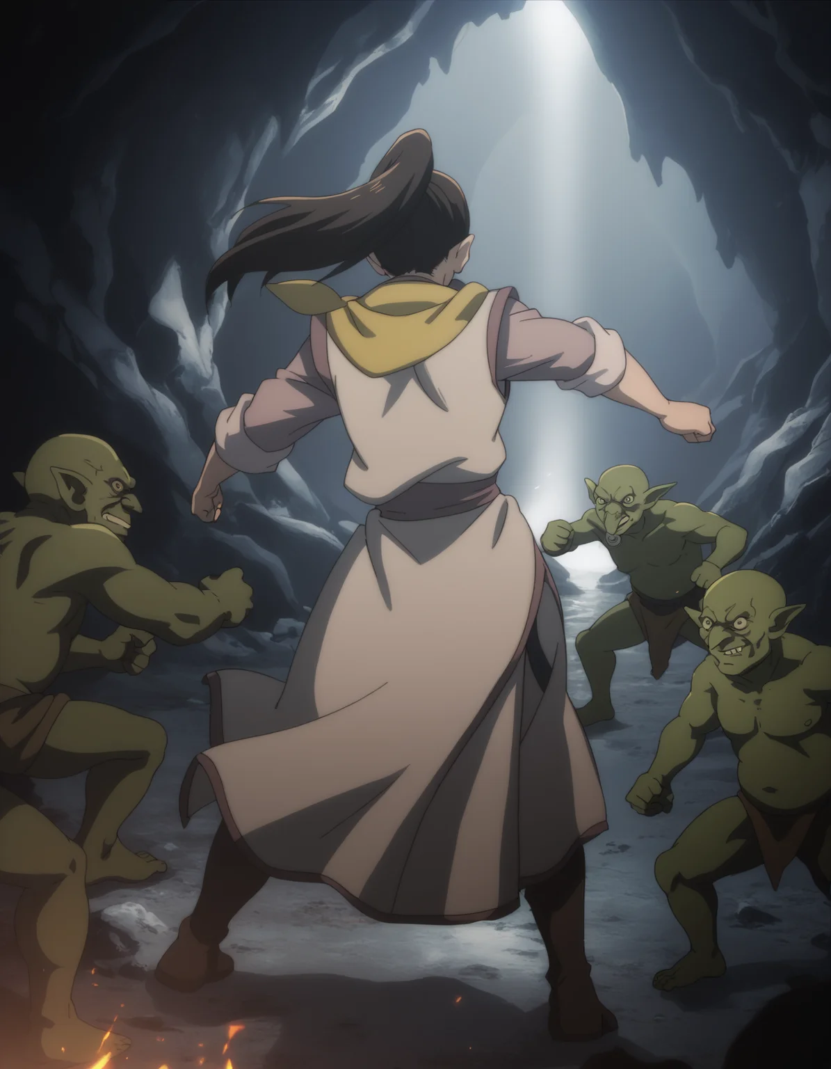 score_9,  score_8_up, score_7_up, <lora:fighter-gs-ponyxl-000015:1> gsfghtr, multicolored robe, neckerchief,
1girl, battle, (goblin:0.8), cave, dim lighting