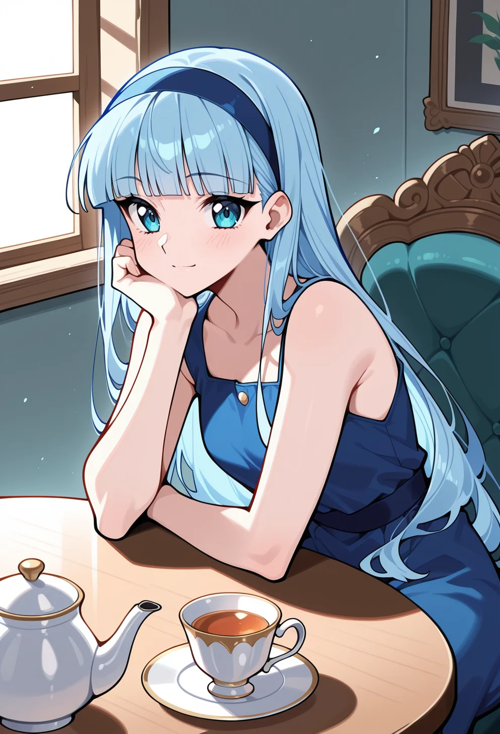 masterpiece, best quality, high quality, anime, solo,
<lora:AEUmiIlx:1>
AEUmiDef, blue eyes, blue hair, blunt bangs, long hair, blue hairband,
sleeveless dress, tea set, sitting, table, teacup, teapot, light smile,