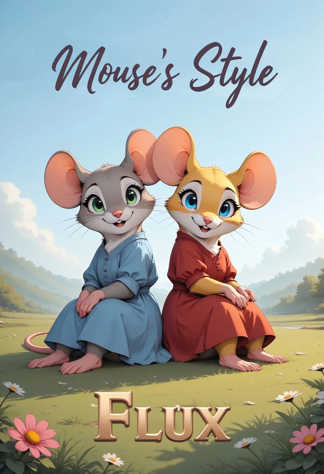 Two cartoon female mice sit together on a lush meadow bathed in golden sunlight, their detailed fur catching the warm glow. One mouse, with soft grey fur and shimmering green eyes, wears a delicate blue dress adorned with subtle floral embroidery. The other, with vibrant yellow fur and striking blue eyes, dons a vivid red dress with white polka dots. Around them, tall blades of grass sway gently, interspersed with wildflowers in pastel hues. The sky above is a bright azure, with a few fluffy clouds drifting by. Both mice look toward the viewer with cheerful expressions. At the top of the image, the text "Mouse's Style" appears in an elegant, whimsical font, while at the bottom, the word "Flux" is rendered in bold, modern lettering with a metallic sheen, harmonizing the charm of the scene with a contemporary touch.