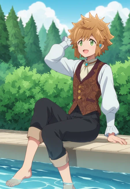 score_9,score_8_up,score_7_up,score_6_up,score_5_up,score_4_up,lloyd belladonna,solo,smile,open mouth,shirt,1boy,sitting,white shirt,full body,male focus,:d,outdoors,sky,barefoot,pants,day,cloud,water,vest,blue sky,tree,looking to the side,ascot,black pants,arm support,looking up,nature,forest,pool,bush,soaking feet,brown vest,poolside,foliage,waistcoat,anime screenshot,<lora:lasdanV2:1>,puffy long sleeves,