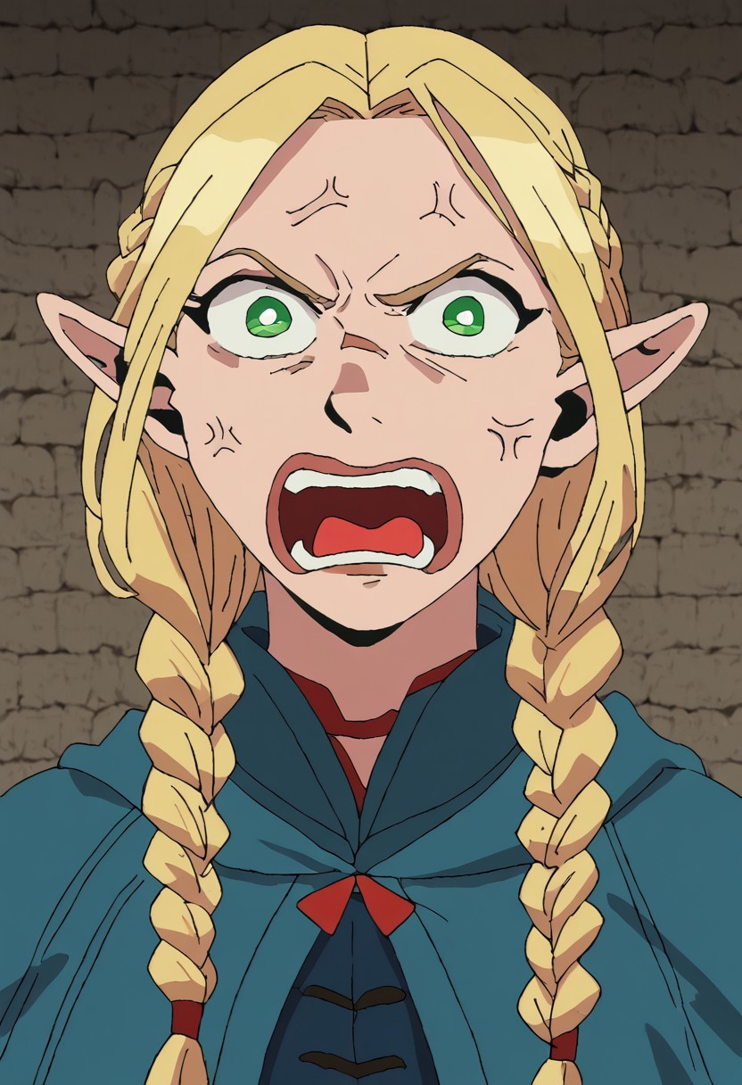 score_9, score_8_up, score_7_up, portrait, 1  girl, solo focus, PepeREEEEEEEEEEEEE, Enragedpepe, solo, tongue, open mouth, anger vein, angry, marcille donato, long hair, blonde hair, green eyes, braid, pointy ears, twin braids, elf, bright pupils, parted bangs,