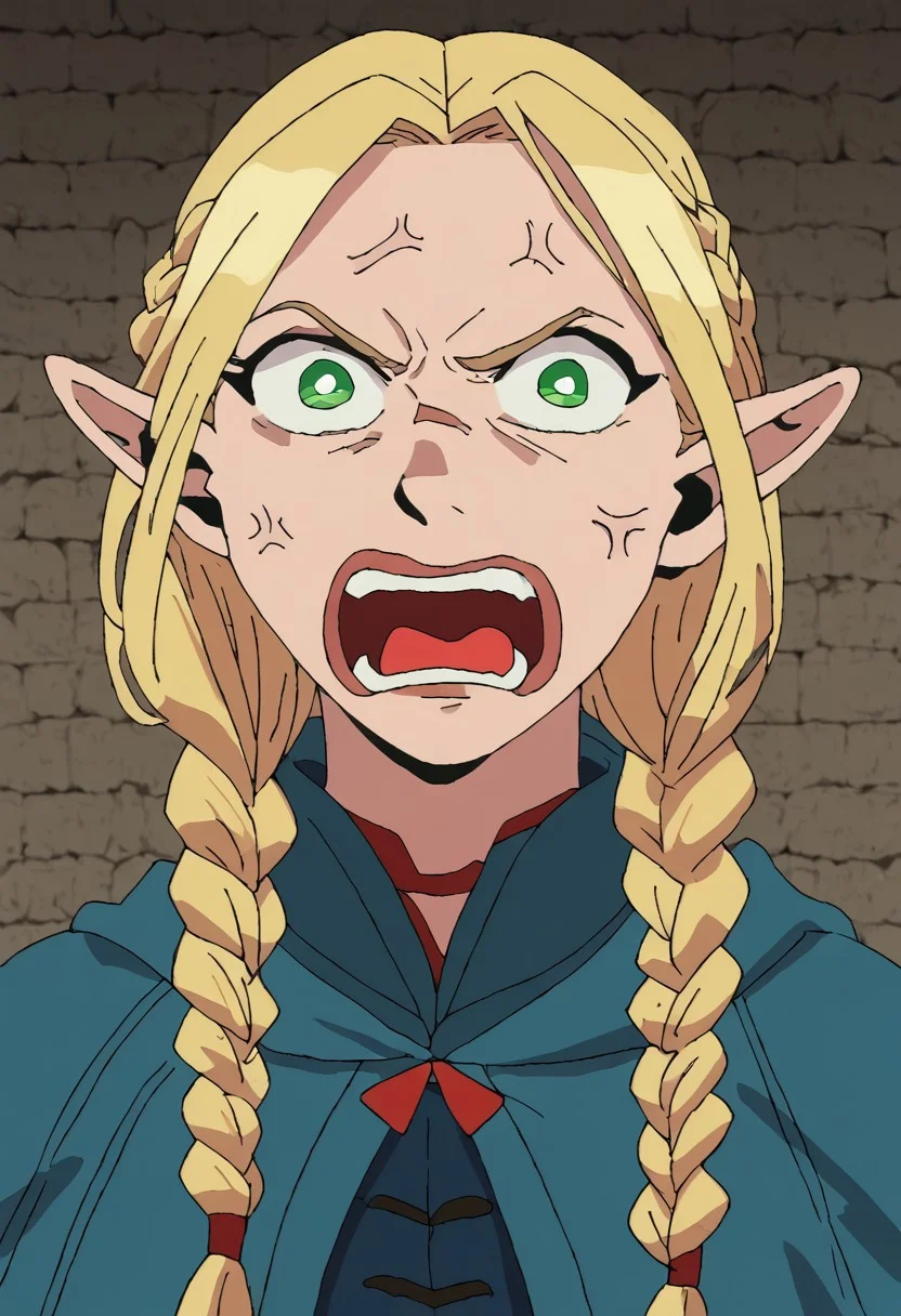 score_9, score_8_up, score_7_up, portrait, 1 girl, solo focus, PepeREEEEEEEEEEEEE, Enragedpepe, solo, tongue, open mouth, anger vein, angry, marcille donato, long hair, blonde hair, green eyes, braid, pointy ears, twin braids, elf, bright pupils, parted bangs,