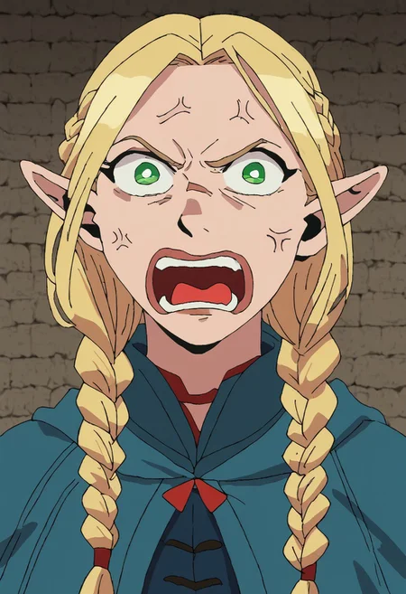 score_9, score_8_up, score_7_up, portrait, 1 girl, solo focus, PepeREEEEEEEEEEEEE, Enragedpepe, solo, tongue, open mouth, anger vein, angry, marcille donato, long hair, blonde hair, green eyes, braid, pointy ears, twin braids, elf, bright pupils, parted bangs,
