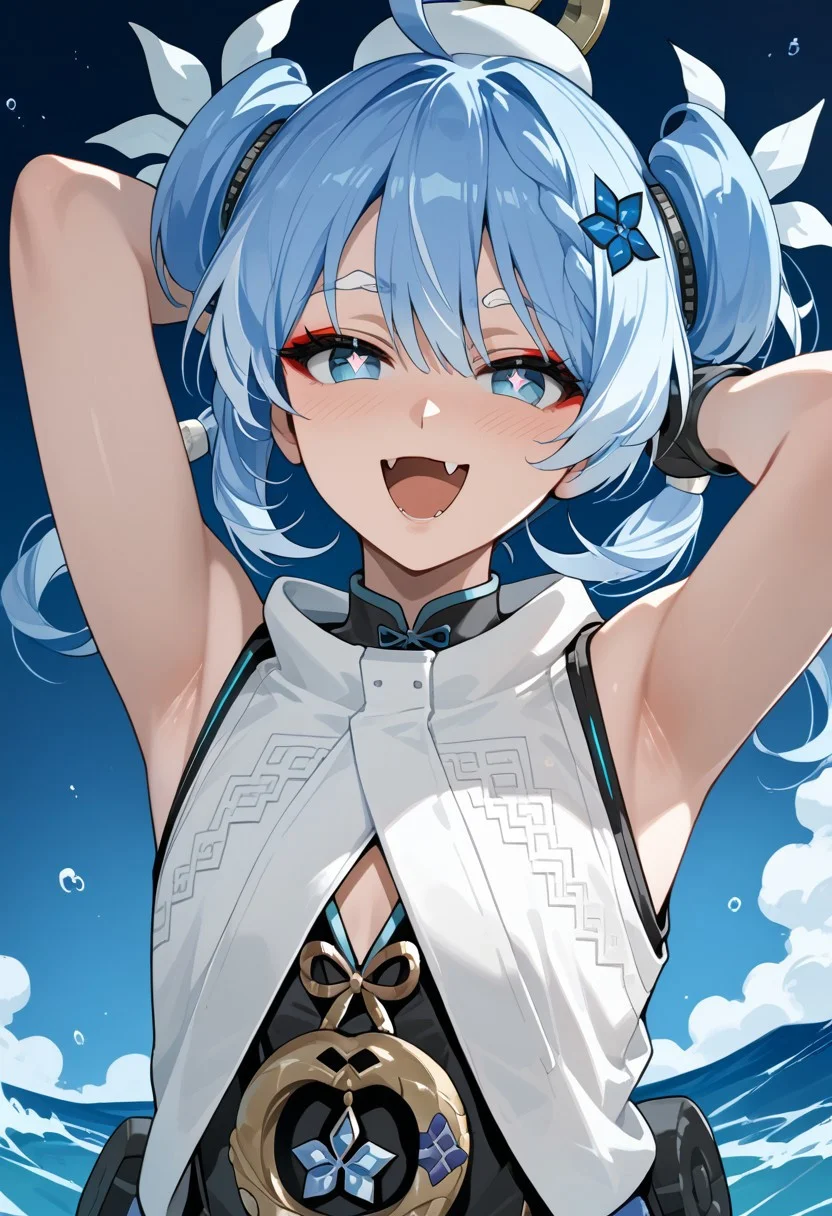 score_9,score_8_up,score_7_up,source_anime,YOUHU_(WUTHERING_WAVES),solo,looking at viewer,blush,smile,open mouth,gloves,upper body,:d,sleeveless,black gloves,fang,hand up,armpits,arm up,symbol-shaped pupils,otoko no ko,skin fang,