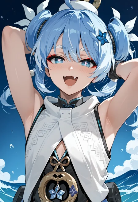 score_9,score_8_up,score_7_up,source_anime,YOUHU_(WUTHERING_WAVES),solo,looking at viewer,blush,smile,open mouth,gloves,upper body,:d,sleeveless,black gloves,fang,hand up,armpits,arm up,symbol-shaped pupils,otoko no ko,skin fang,