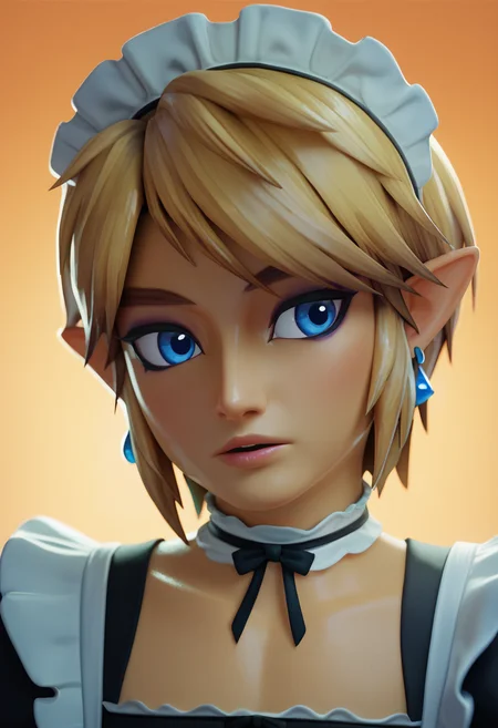 score_9, score_8_up, score_7_up, BREAK  <lora:fugtrup-guy-PONYv2:1>, 1girl, solo, portrait, link, flat chest, makeup, maid, maid headdress, otoko no ko, looking to the side, orange background, depth of field, shiny skin, sidelighting, backlighting, blue eyes, blonde hair, short hair, earrings, parted lips, choker, enmaided, mascara,