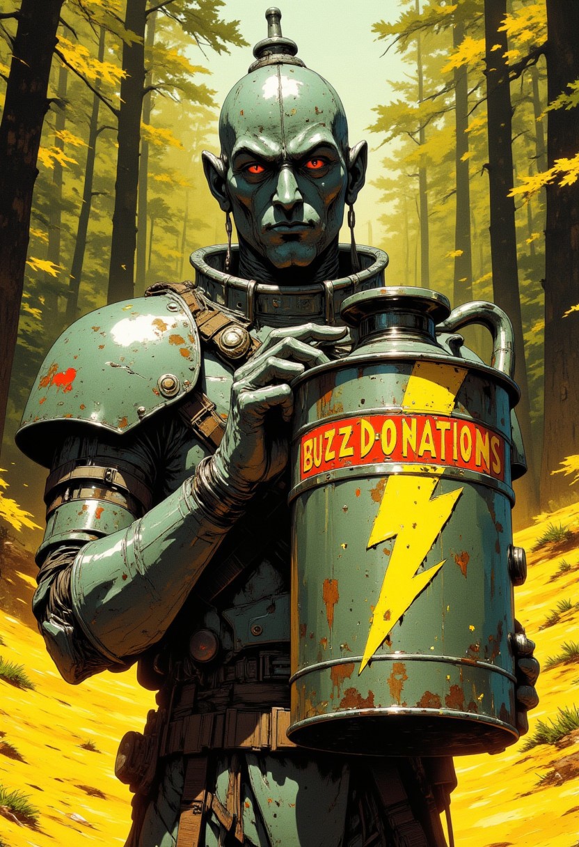 A cinematic portrayal of the Tin Man, in a forest setting along the yellow brick road. He is holding an oil can with prominent 'Buzz Donations' text in bold red font below a bright yellow lightning bolt on its side facing the viewer, rendered with a wide angle view and vivid, saturated colors.