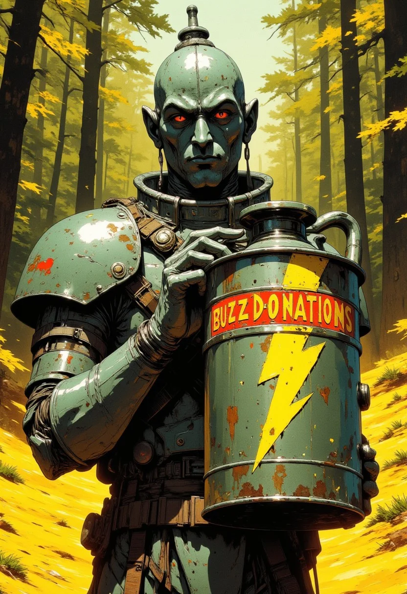A cinematic portrayal of the Tin Man, in a forest setting along the yellow brick road. He is holding an oil can with prominent 'Buzz Donations' text in bold red font below a bright yellow lightning bolt on its side facing the viewer, rendered with a wide angle view and vivid, saturated colors.