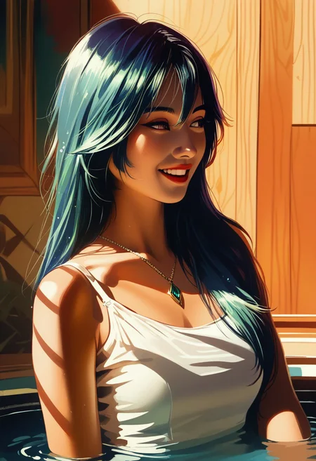 score_9, score_8_up, score_7_up, score_6_up, source_cartoon, 1girl, female, solo, femenine, petite, lean, pale skin,, soaking wet hair, smile, diaphonous white dress, bronze necklace, medium breasts, female focus, official style, close up, perfect anatomy, perfect face, standing, abstract beauty, beautiful, centered, looking at the camera, approaching perfection, dynamic, moonlight, highly detailed, watercolor painting, artstation, concept art, smooth, sharp focus, illustration, portrait