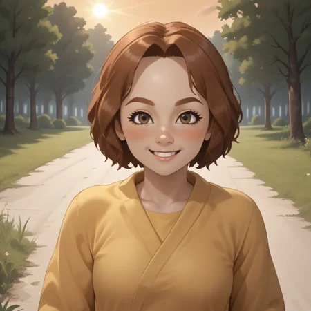 score_9, score_8, BREAK, solo, wii, mii, wii sports, female mii, 1girl, auburn hair, auburn eyebrows, brown eyes, blush, yellow clothing, white pants, shoes, nintendo mii, modern_mii, classic_mii, small breasts, Giulia_(Wii_Sports), cute, sexy pose, smile, outdoors, sunlight, shadows, evening lighting, natural lighting, forest, trees, grass, orange sky, sunset