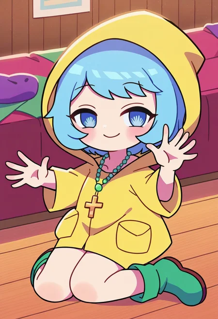 score_9, score_8_up, score_7_up, BREAK
highres, highly detailed, high resolution, high quality, 
source_anime, anime screencap, saturation, vivid colors, 
1girl, solo, luce, full body,
light blue hair, big dark blue eyes, short hair, cute,
(long yellow raincoat:1.1), green rubber boots, 
cross necklace,
squinting eyes, half-closed eyes, smile, naughty face, closed mouth, looking at viewer,
a girl holding a crucifix in her one hand, on knees, kneeling, sitting, holding, holding cross, outstretched arm, offers cross,
pikaole, cute, bokeh,
room background, wooden chest, 
(side view:0.5), (high angle:0.7),