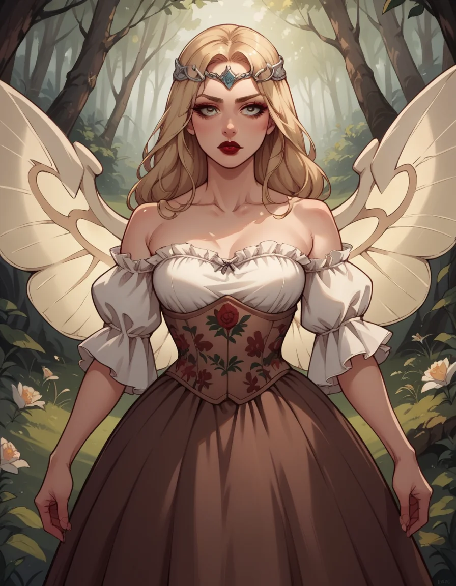 score_9, score_8_up, score_7_up, score_6_up, score_5_up, score_4_up, source_anime, 1girl, long blonde hair, makeup, red lipstick, hud_forest_fairy_dress, white and brown dress, puffy sleeves, floral corset, silver circlet, bare shoulders, wings, <lora:forestfairyxlp_epoch_8:0.6>,