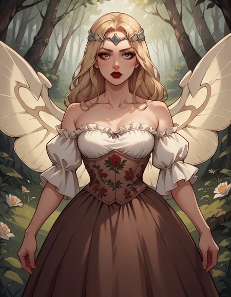 score_9, score_8_up, score_7_up, score_6_up, score_5_up, score_4_up, source_anime, 1girl, long blonde hair, makeup, red lipstick, hud_forest_fairy_dress, white and brown dress, puffy sleeves, floral corset, silver circlet, bare shoulders, wings, <lora:forestfairyxlp_epoch_8:0.6>,
