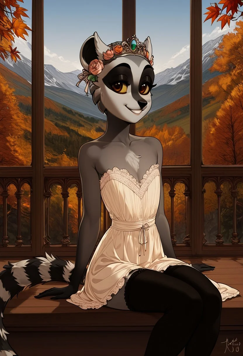 score_9_up , score_8_up , score_7_up ,1girl, cute, backview , lemur girl,, flat background , thin ,slender, short hair , white fur, grey fur , white mouth ,black nose, two tone fur, smile , yellow sclera, black pupils, long tail , legwear , summer dress , green tiara , flower tiara, white chest , gray body, dark shoulders, flat chest, black eyeshadow, light face ,balcony window , flat wall , wood floor , forest and mountain view, autumn, victorian seat , sitting , ornate window , androginous