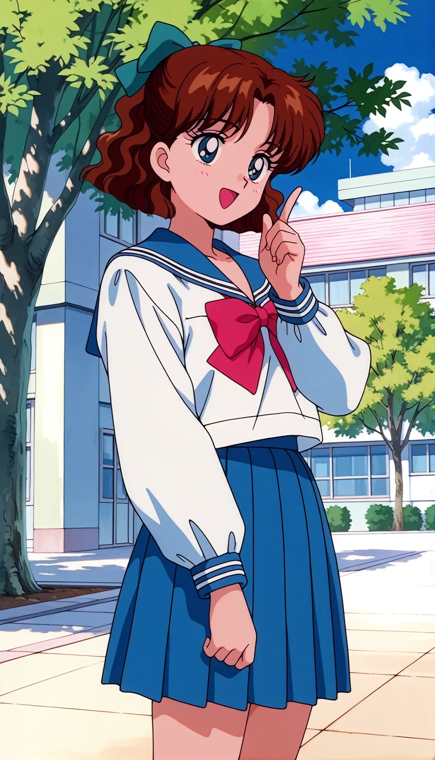 masterpiece,best quality,amazing quality,1990s \(style\),OsakaNaru ill,1girl,solo,blue eyes,short hair,brown hair,hair bow,school uniform,bow,serafuku,outdoors,tree,sailor collar,blue skirt,long sleeves,blue sailor collar,skirt,pleated skirt,building,school,index finger raised,open mouth,official style,:d,smile,cowboy shot,<lora:OsakaNaru ill:0.8>,
