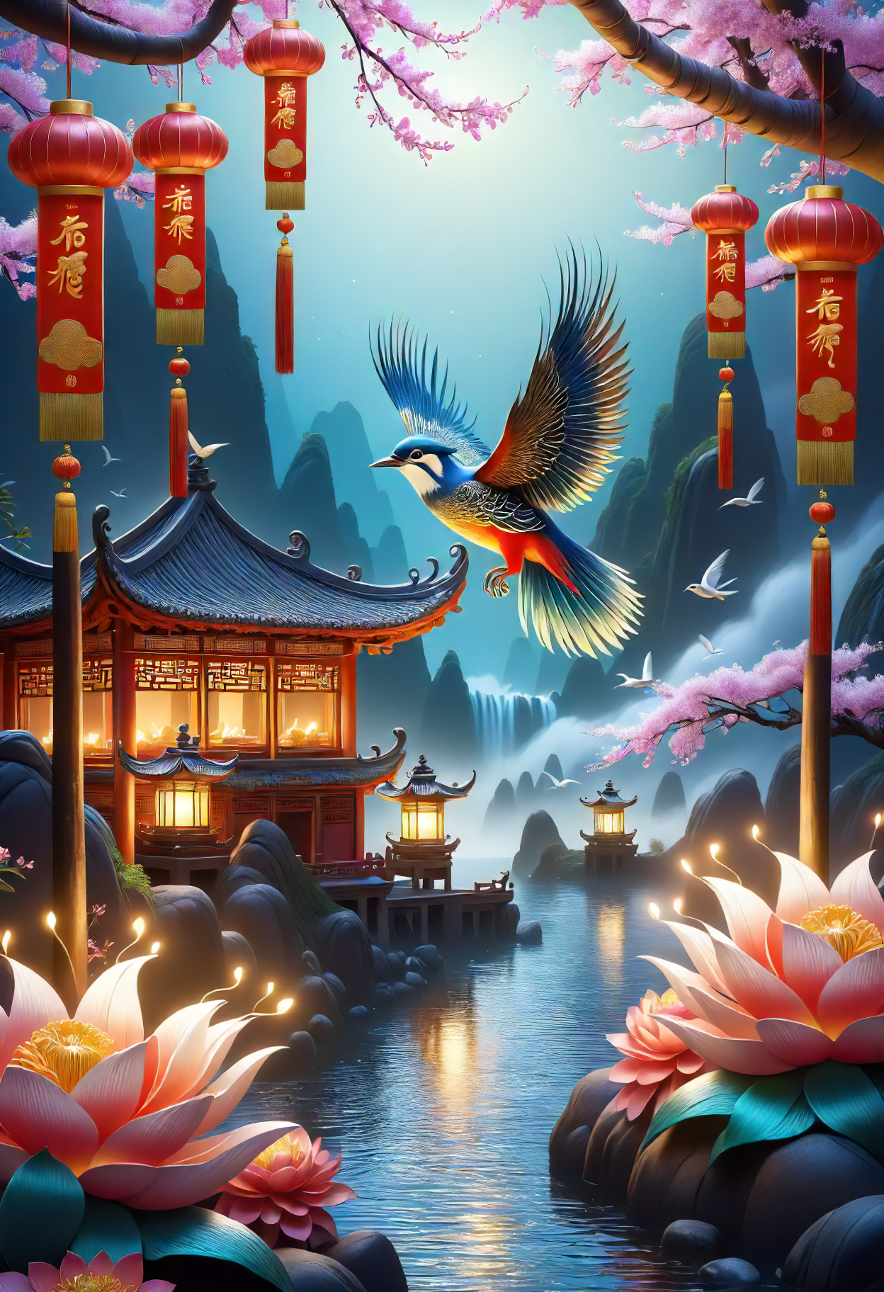 lunar newyear, Gongbi, Detailed brushwork often depicting birds and flowers, Reflective, Red envelopes, Given as gifts, filled with money for luck and prosperity, Fish, Served whole for abundance and prosperity, Countrysides, Quiet and serene, with traditional decorations adorning homes and public spaces, Fireworks and firecrackers, Candle holders, Shaped in traditional symbols or animals of the Chinese zodiac  <lora:SDXL\DetailedEyes_V3> <lora:ClearHand-V2> <lora:released\DonM3t3rn1tyXL-v1.1-000008>